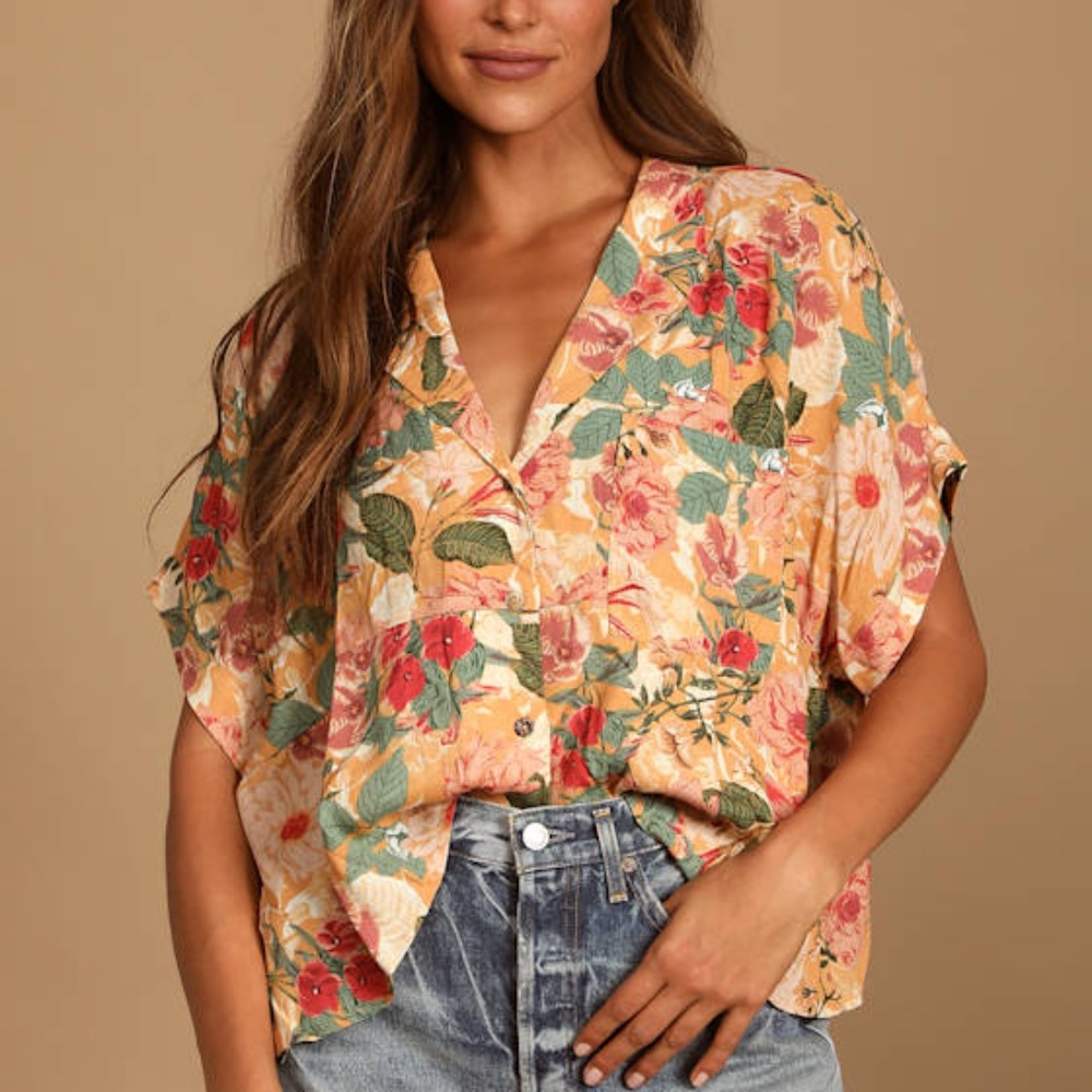 Lulus Island Style Orange Floral Print Button-up Short Sleeve Top - Size XL